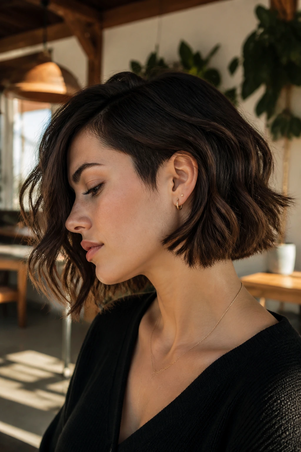 Close-up portrait of real person with wavy lob and low undercut