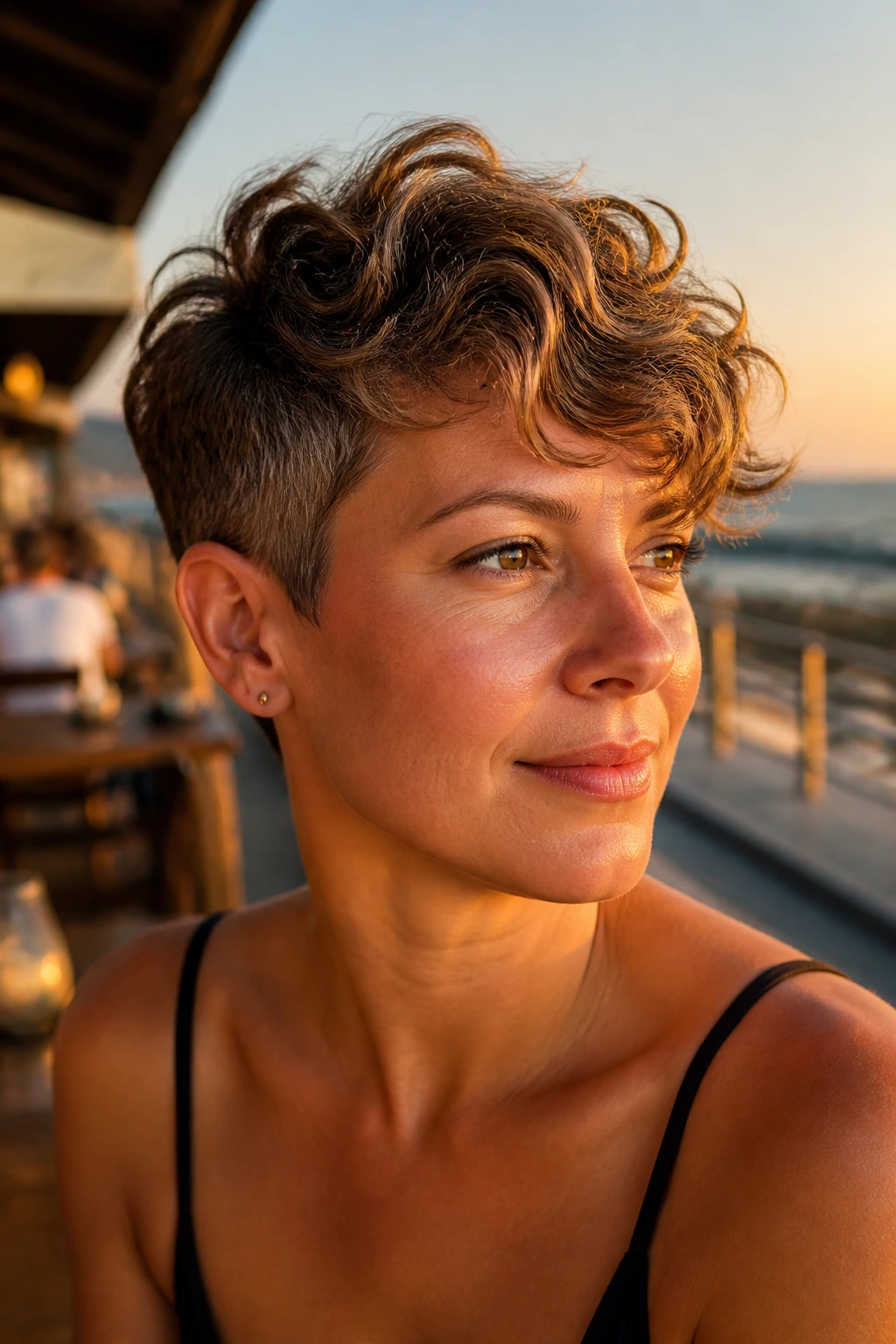 Portrait of a real person with a long-top pixie featuring soft waves in a sunny outdoor setting