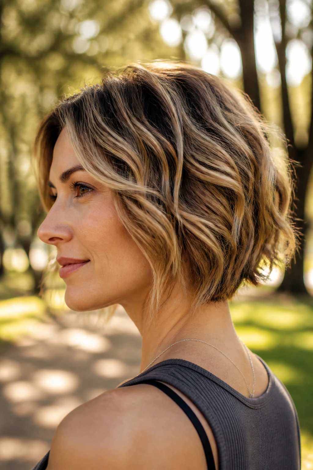 Portrait of a real woman with The Wavy Loose-End Stack hairstyle showing visible waves