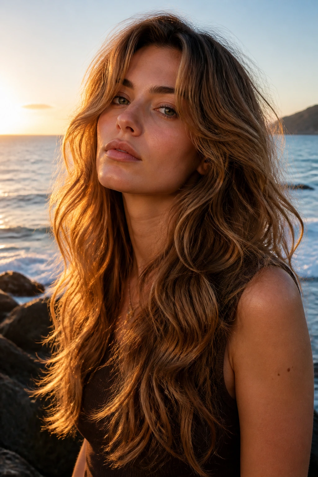 Close-up of real person with wavy mermaid butterfly shag at the beach golden hour