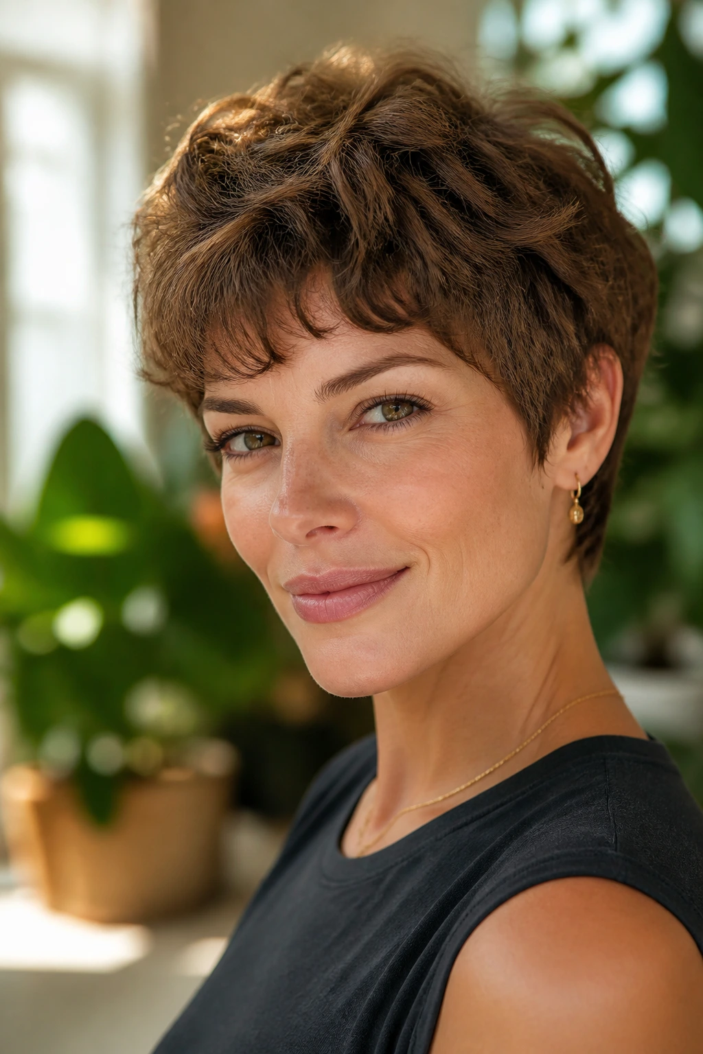 Close-up portrait of a real woman with a wavy micro-shag hairstyle.