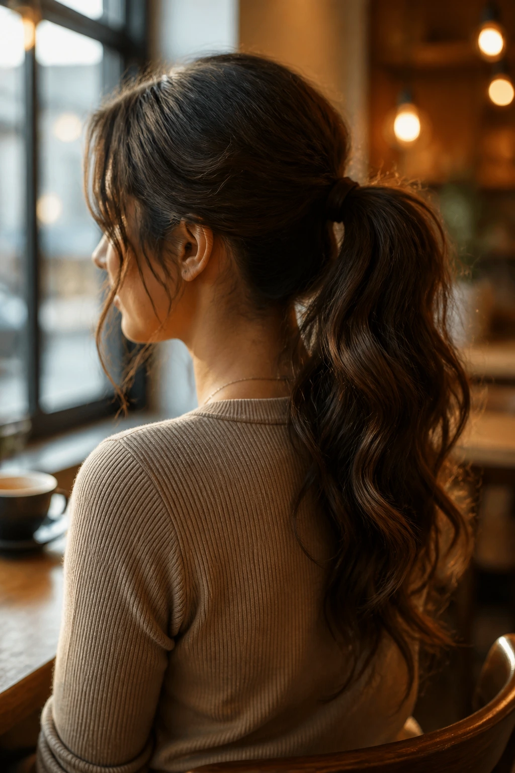 Real woman with mid-height ponytail and loose waves.