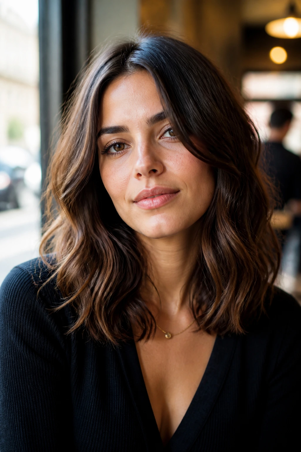 Close-up of a woman with wavy mid-length hair and center part in cafe window light