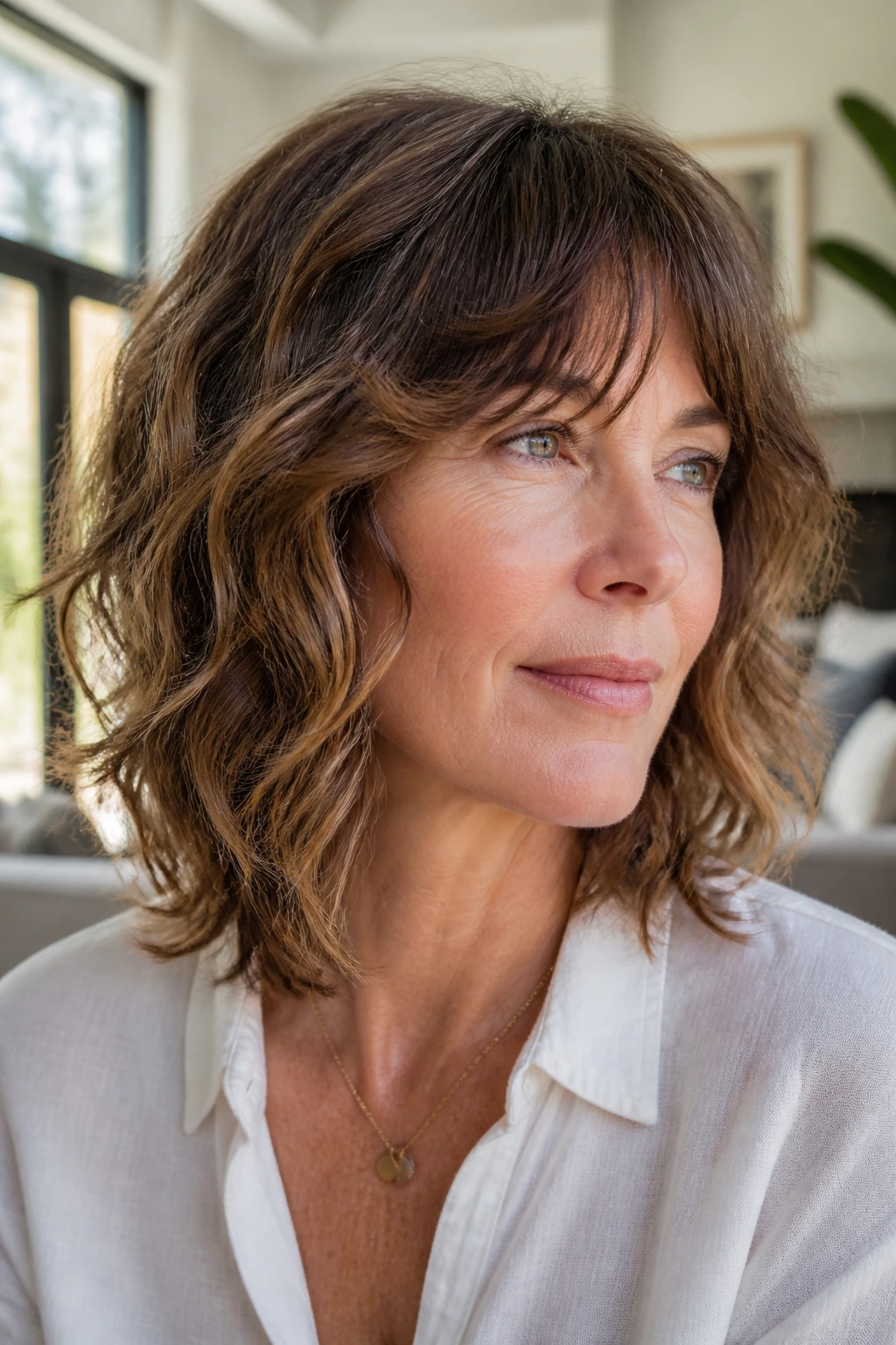 Close-up of a real woman with wavy mid-length shag showing natural texture