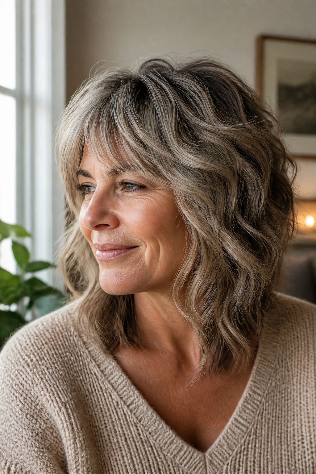 Close-up portrait of a real woman with a wavy mid-length shag hairstyle
