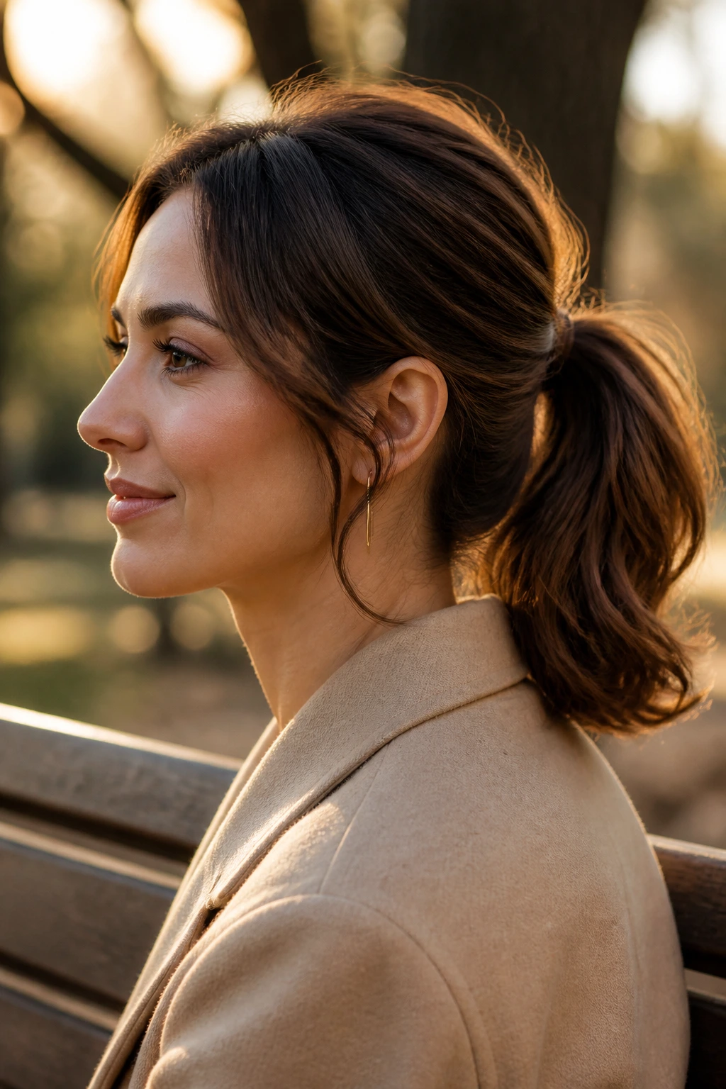 Close-up of a real woman with a wavy mid-ponytail and tucked ends in a park setting