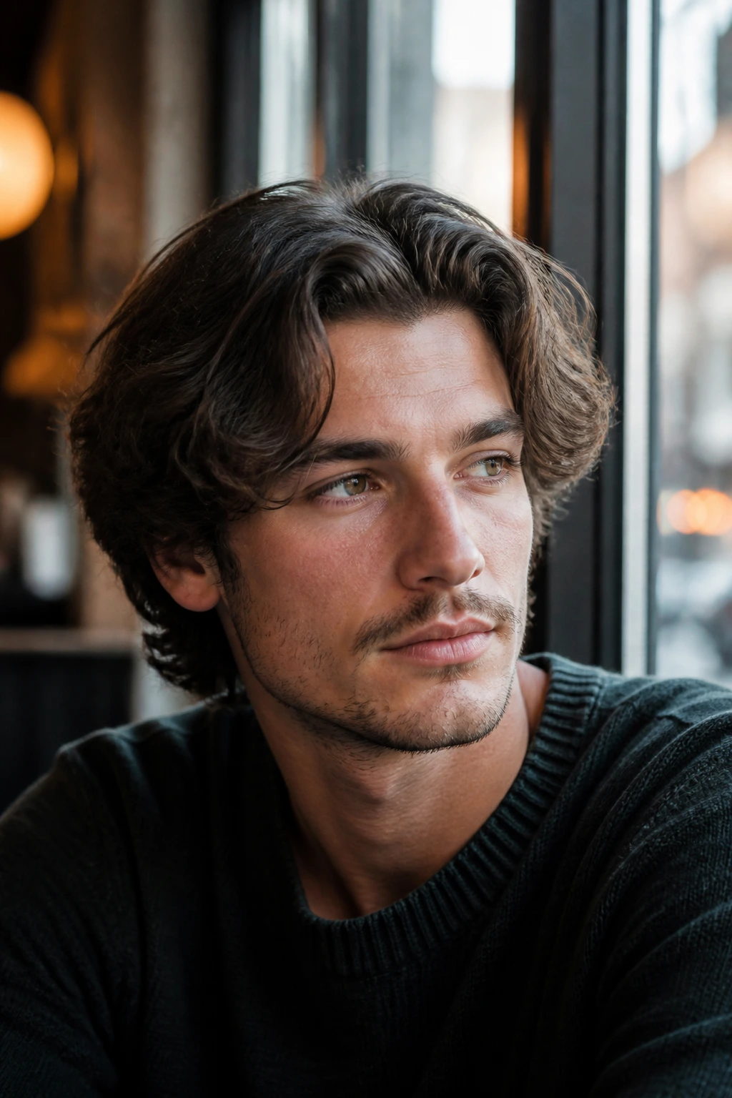 Close-up of a man with a wavy middle part and loose curtain shape in natural light