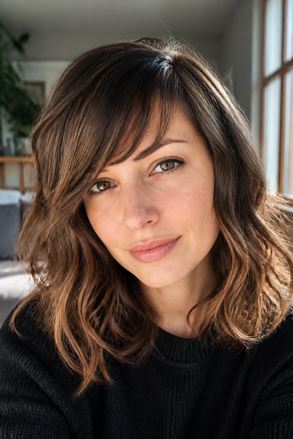 Close-up of a woman with a wavy midi and off-center bangs.