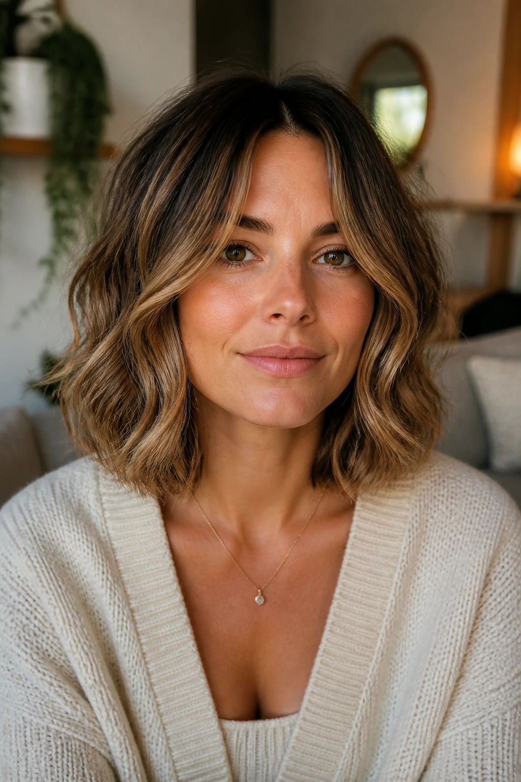 Close-up of a real woman with a wavy mid-length cut and face-framing pieces.