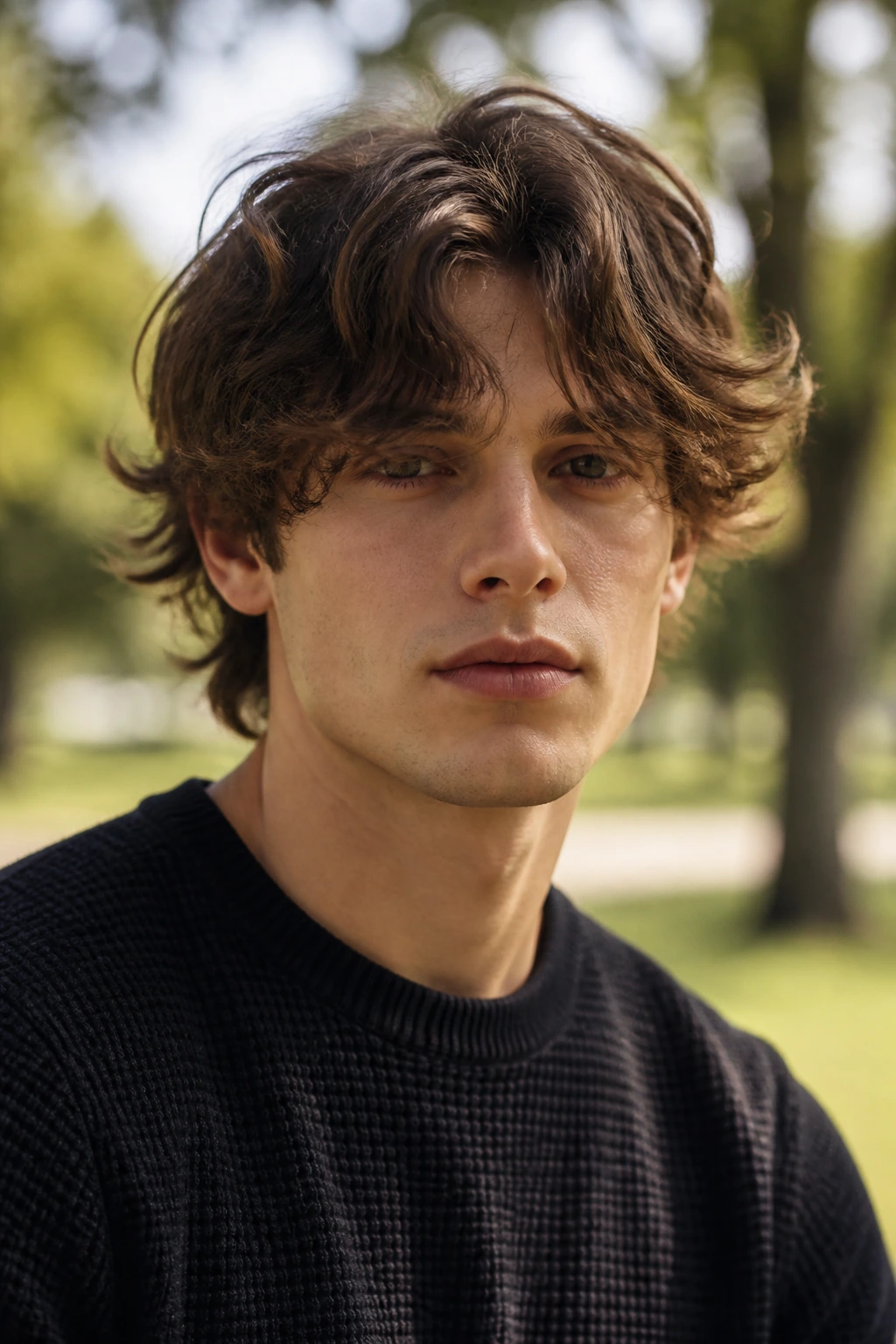 Medium close-up of man with wavy mop top hairstyle in a sunny park
