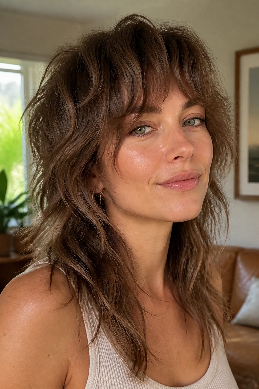 Close-up portrait of a real woman with a wavy choppy mullet and airy ends in soft window daylight