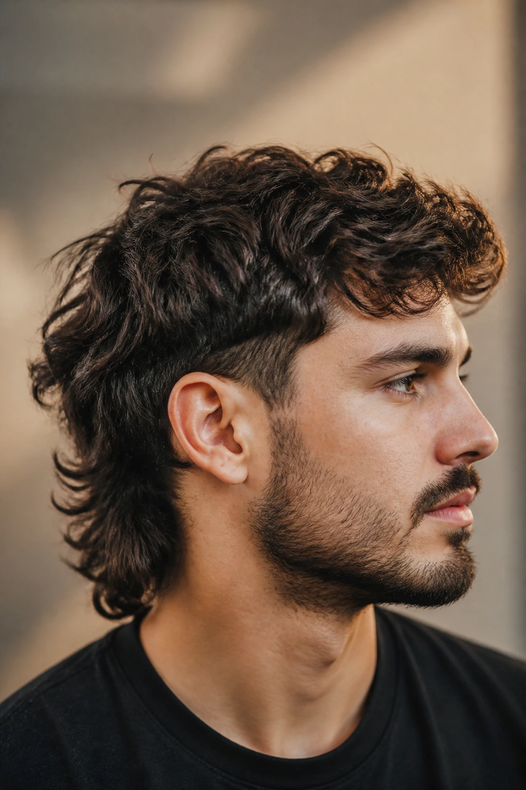 Close-up portrait of a man with a wavy mullet