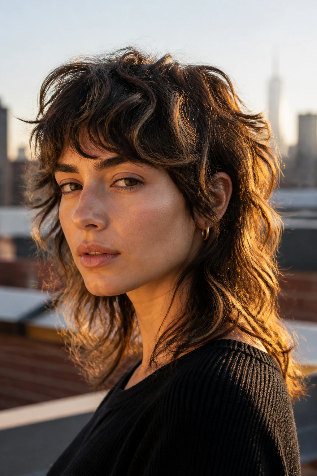 Portrait of a person with a wavy mullet-lite hairstyle in warm golden hour light.