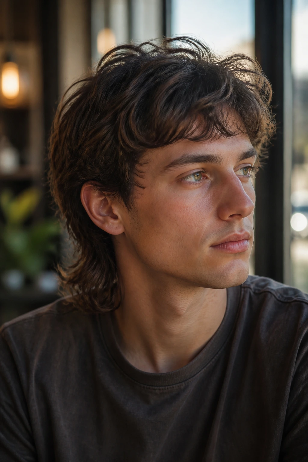 Close-up of a real person with a wavy mullet lite under cafe light