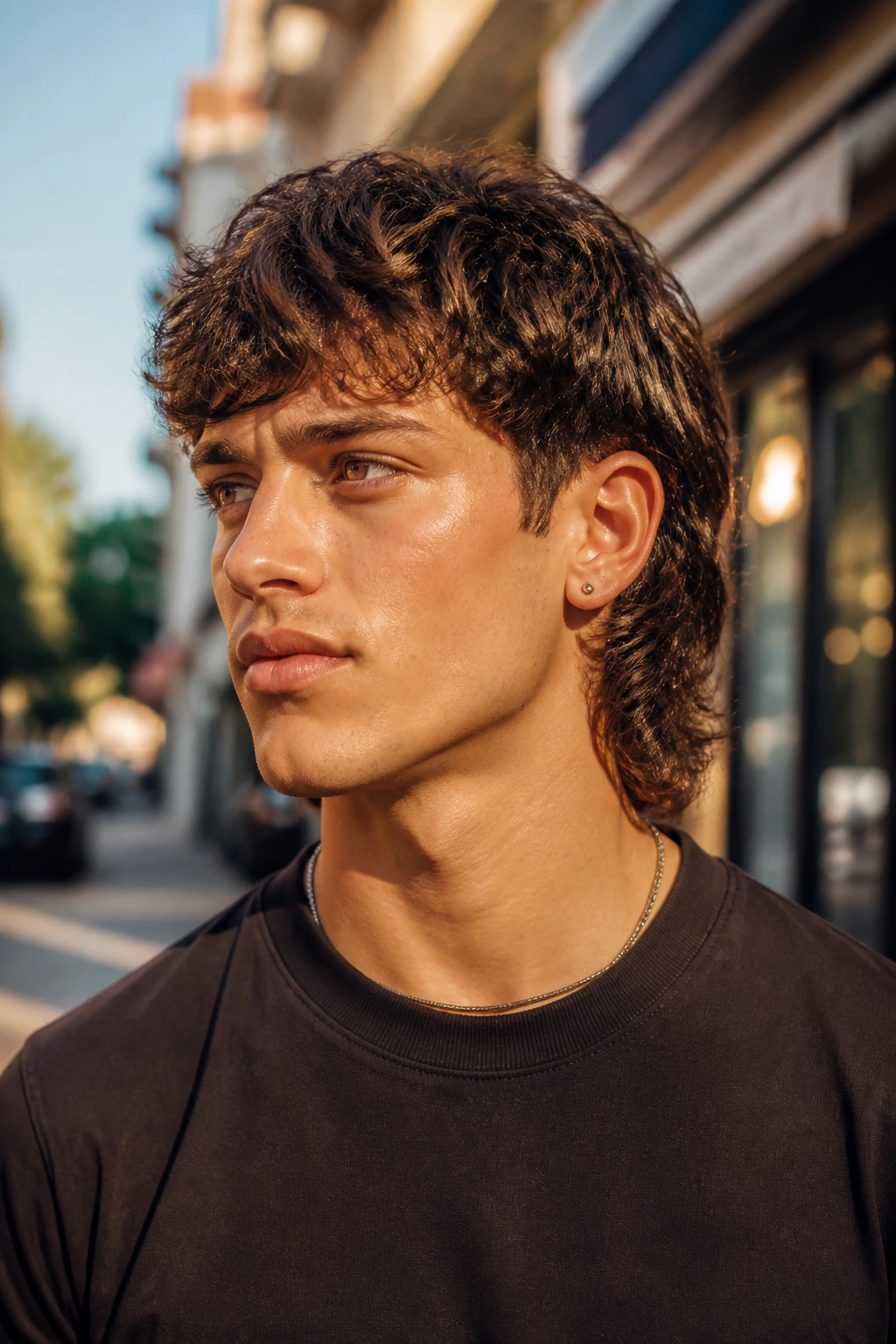 Portrait of a real person with wavy air-dried mullet in an outdoor setting.