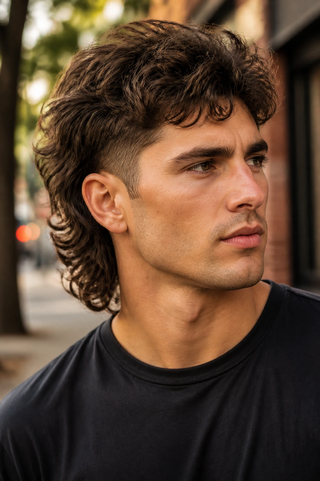 Close-up of a man with a wavy mullet and tapered sides