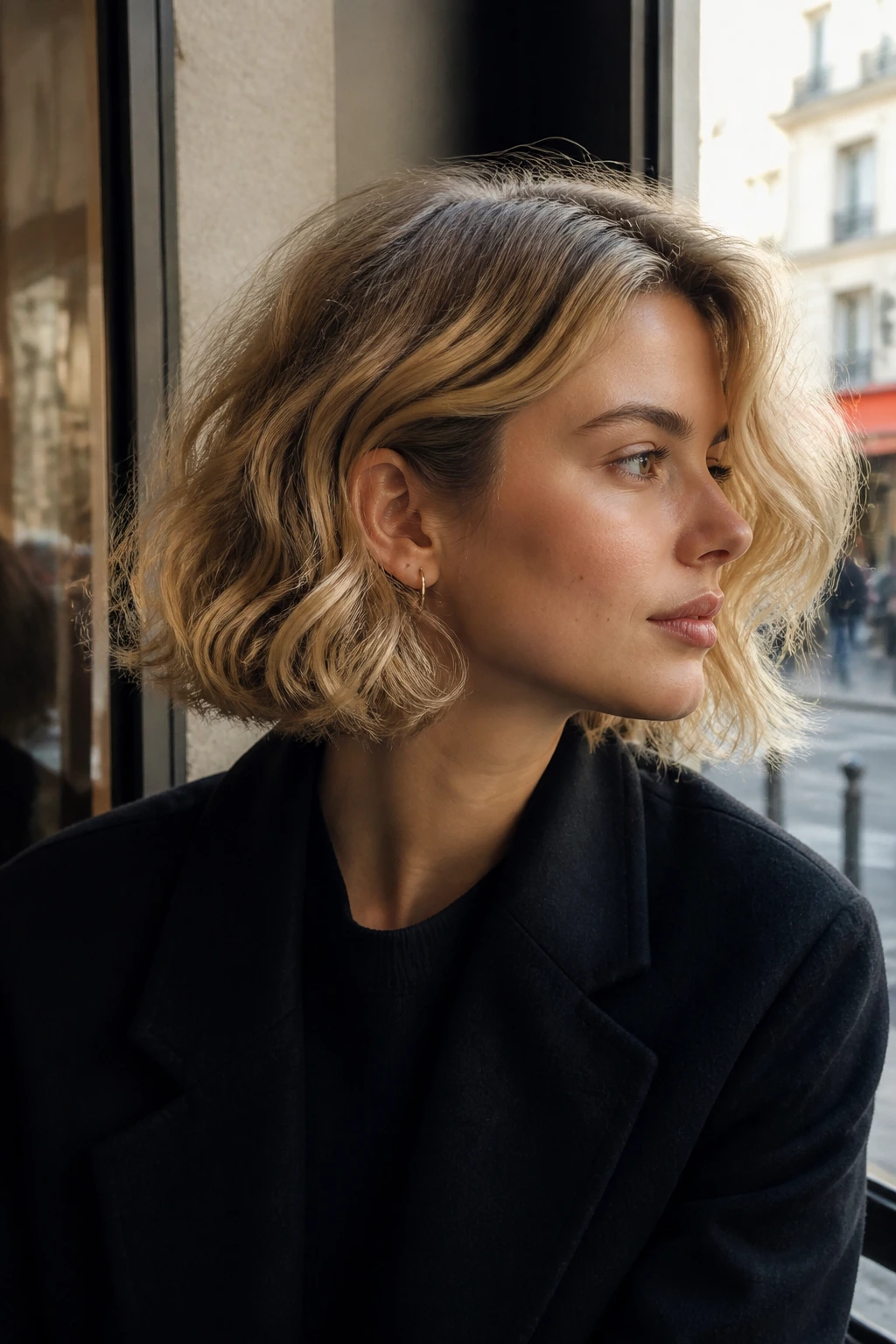 Close-up portrait of a woman with a loose, wavy Parisian bob featuring light-on-top color.