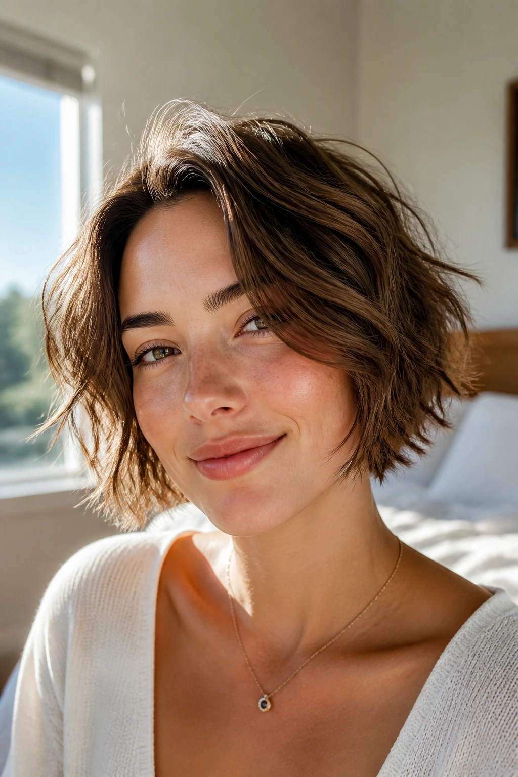 Close-up of a real woman with a Wavy Piecey Bob under warm window light