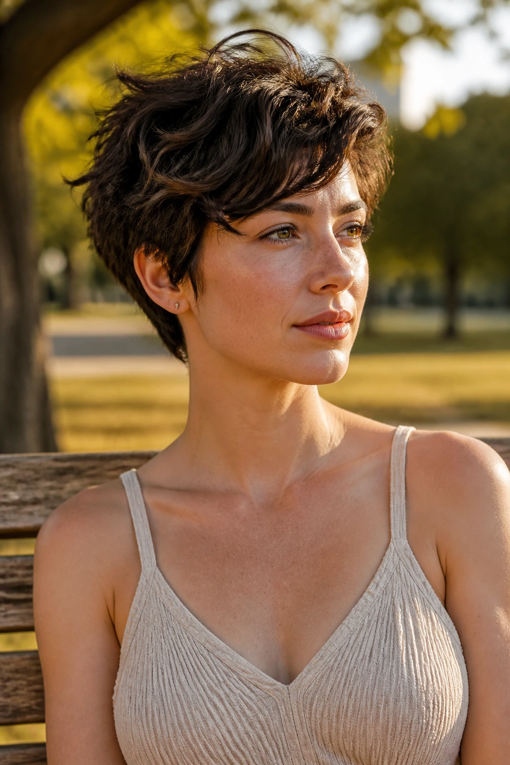 Portrait of a woman with wavy air-dried pixie and natural waves