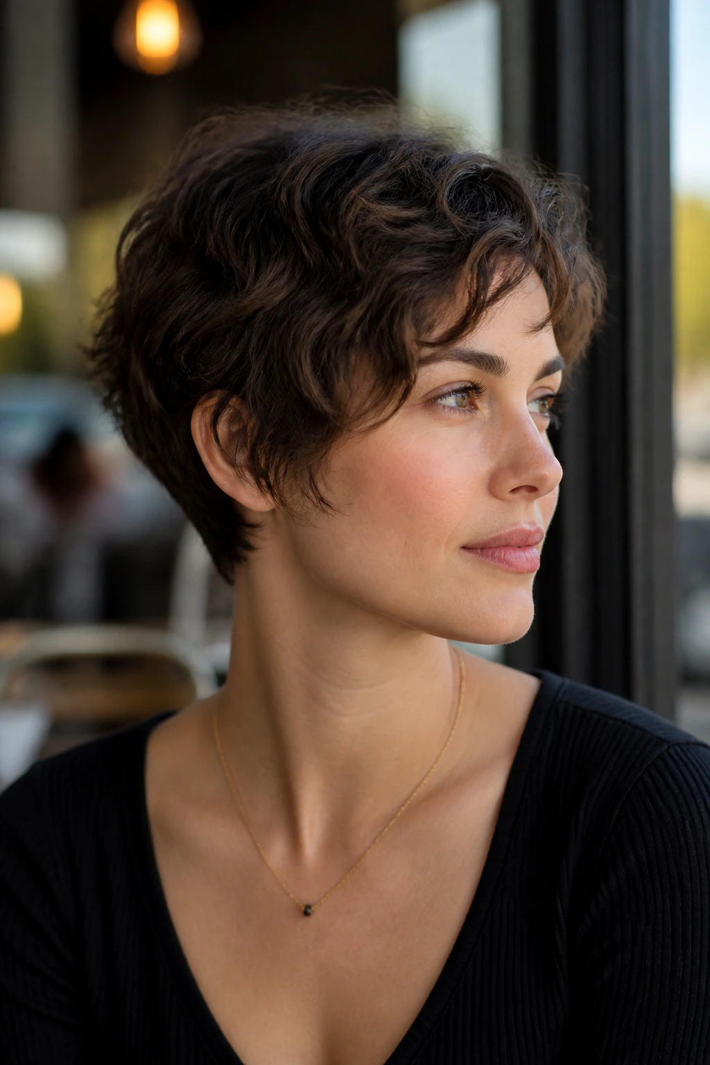 Close-up portrait of a real woman with Wavy Air-Dry Pixie Bob showing loose waves.