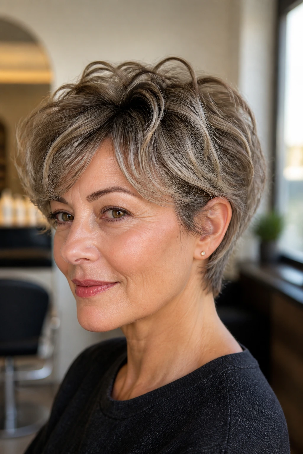 Close-up of wavy pixie bob with long top layers on a real woman in a salon.