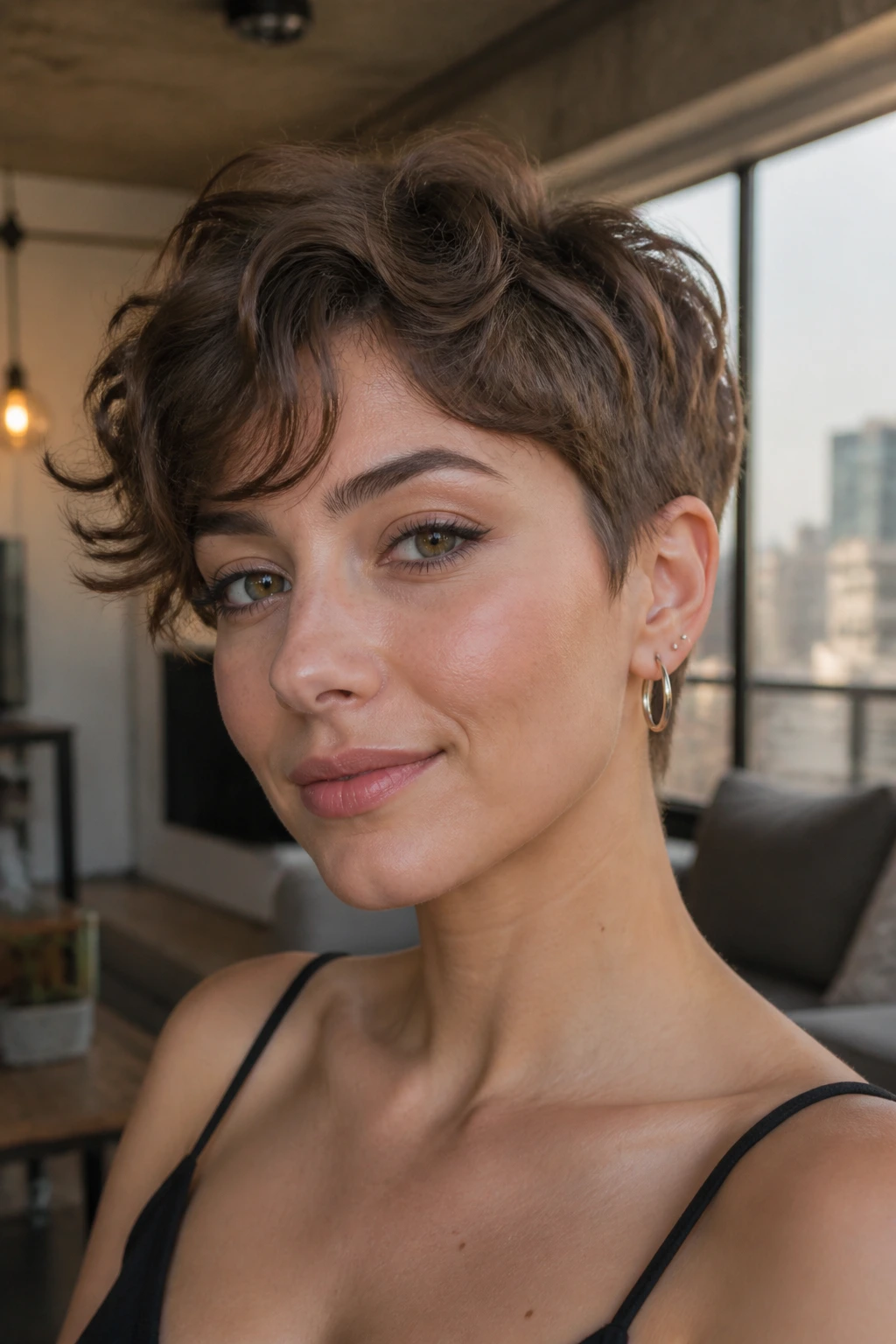 Real person with a wavy pixie-bob haircut in warm indoor light