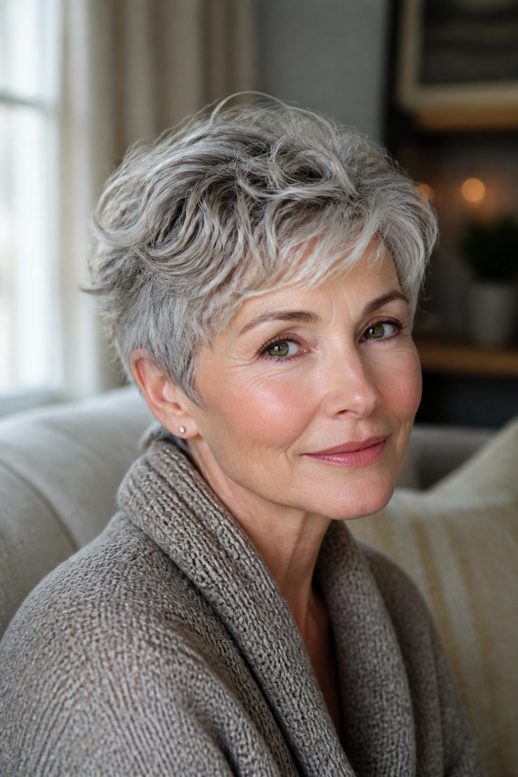 Close-up of an older woman with a textured wavy pixie cut
