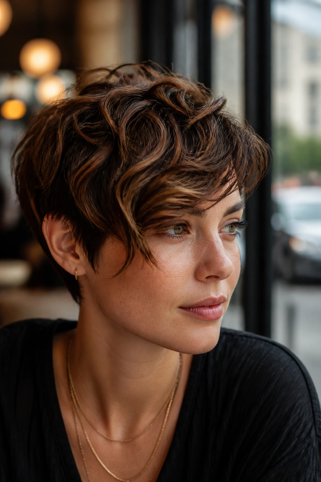 Close-up of a woman with a wavy pixie and long fringe in a cafe