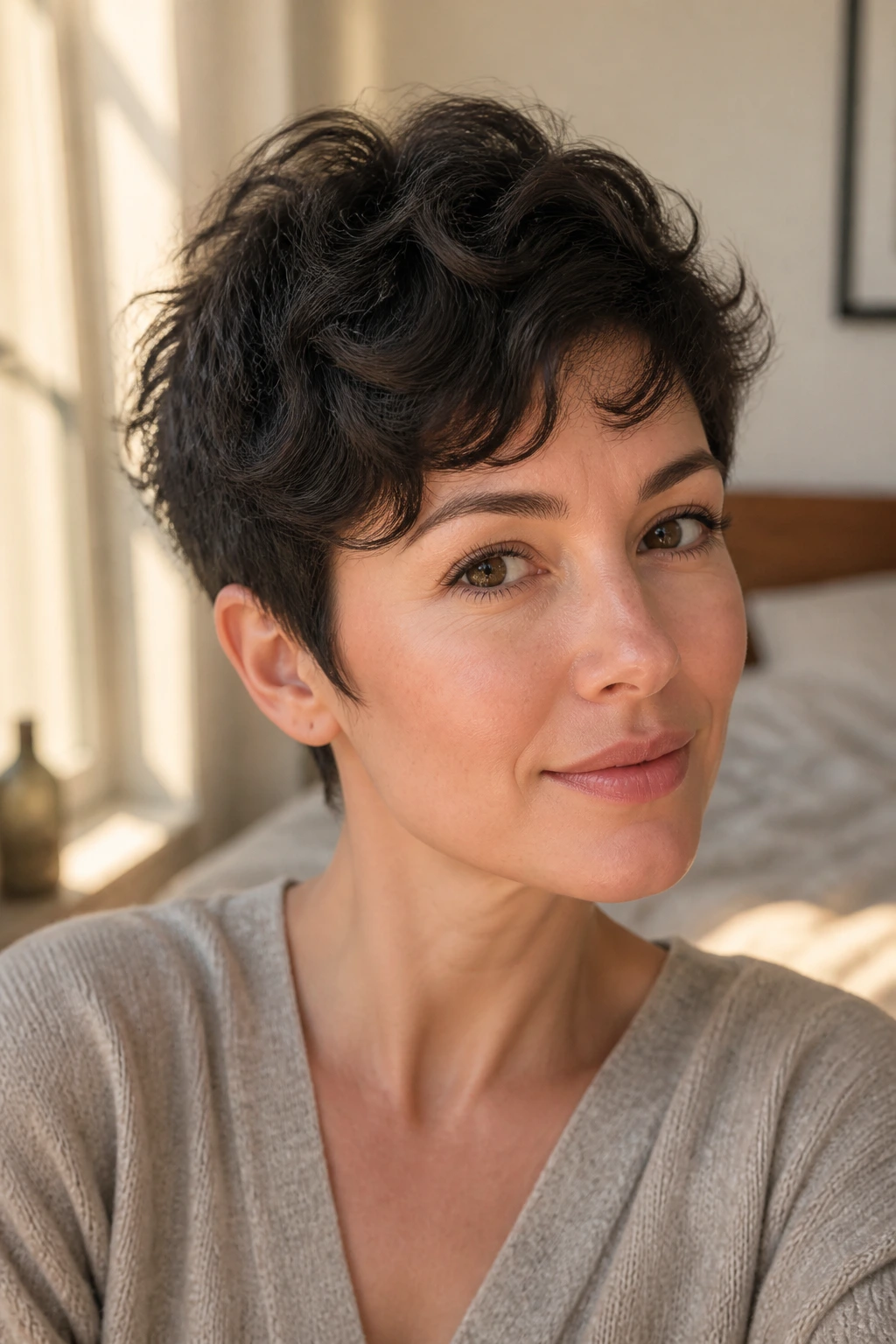 Close-up portrait of a real person with wavy pixie under natural window light.