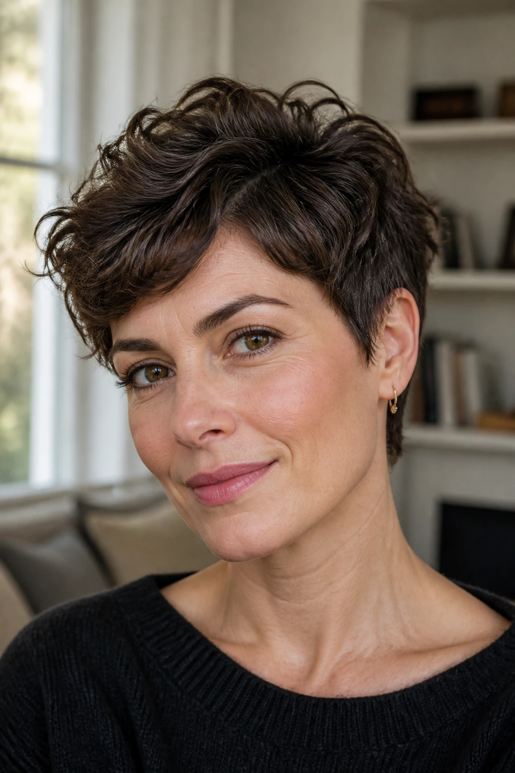 Close-up of a woman with a wavy pixie featuring a longer crown in natural light