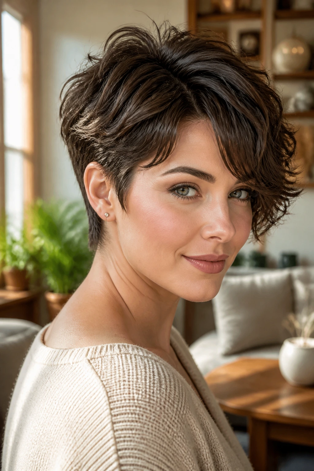 Close-up of a real woman with a wavy pixie, crown lift, and deep side part on a round face