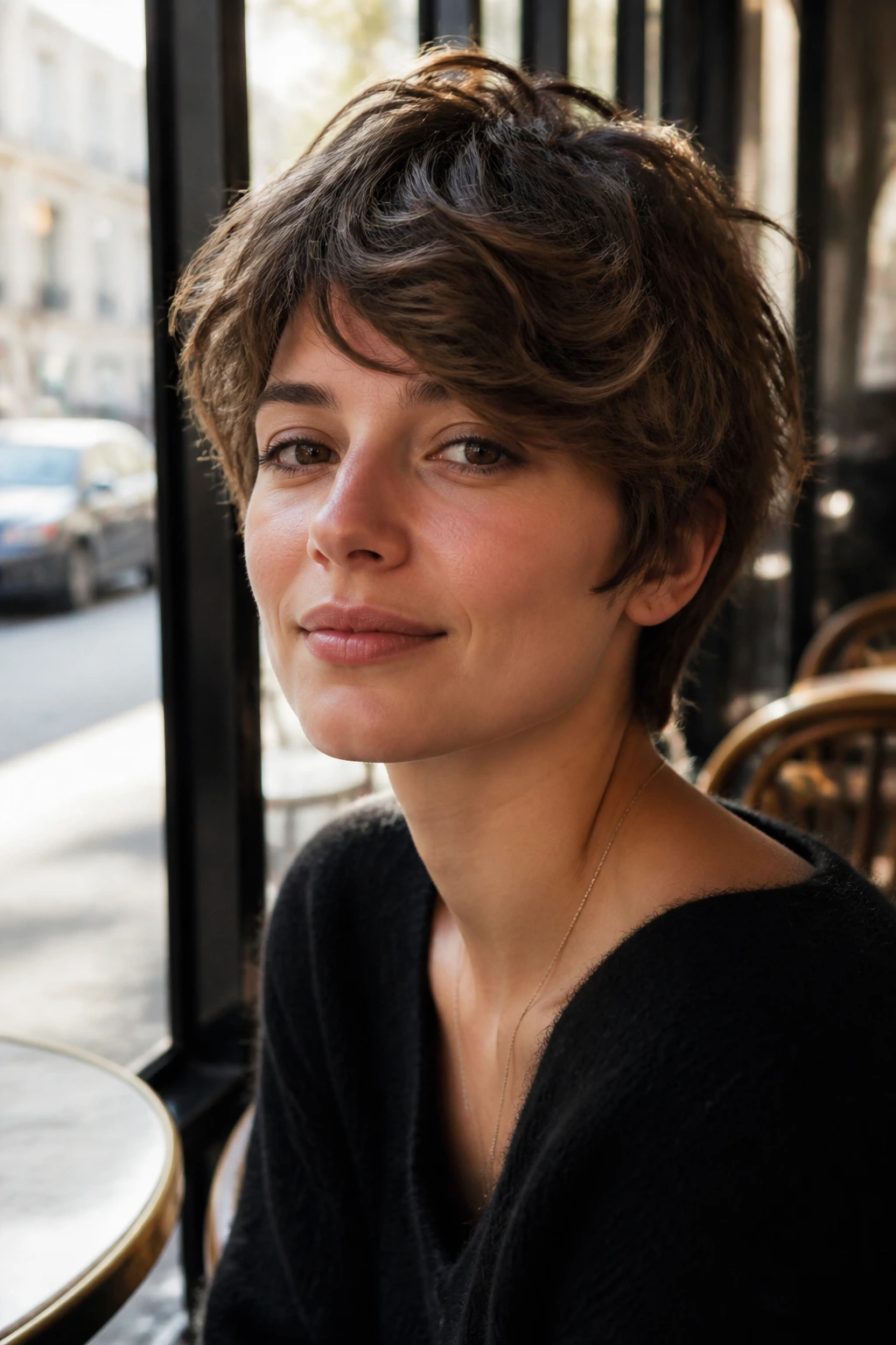 Real woman with wavy French pixie and side-swept fringe in cafe daylight