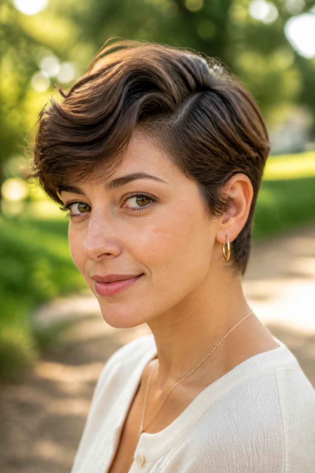 Close-up of a real woman with wavy side-part pixie in natural light
