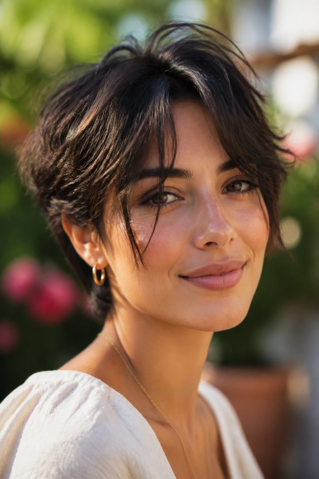 Close-up of a real woman with a wavy pixie and split fringe in a garden setting
