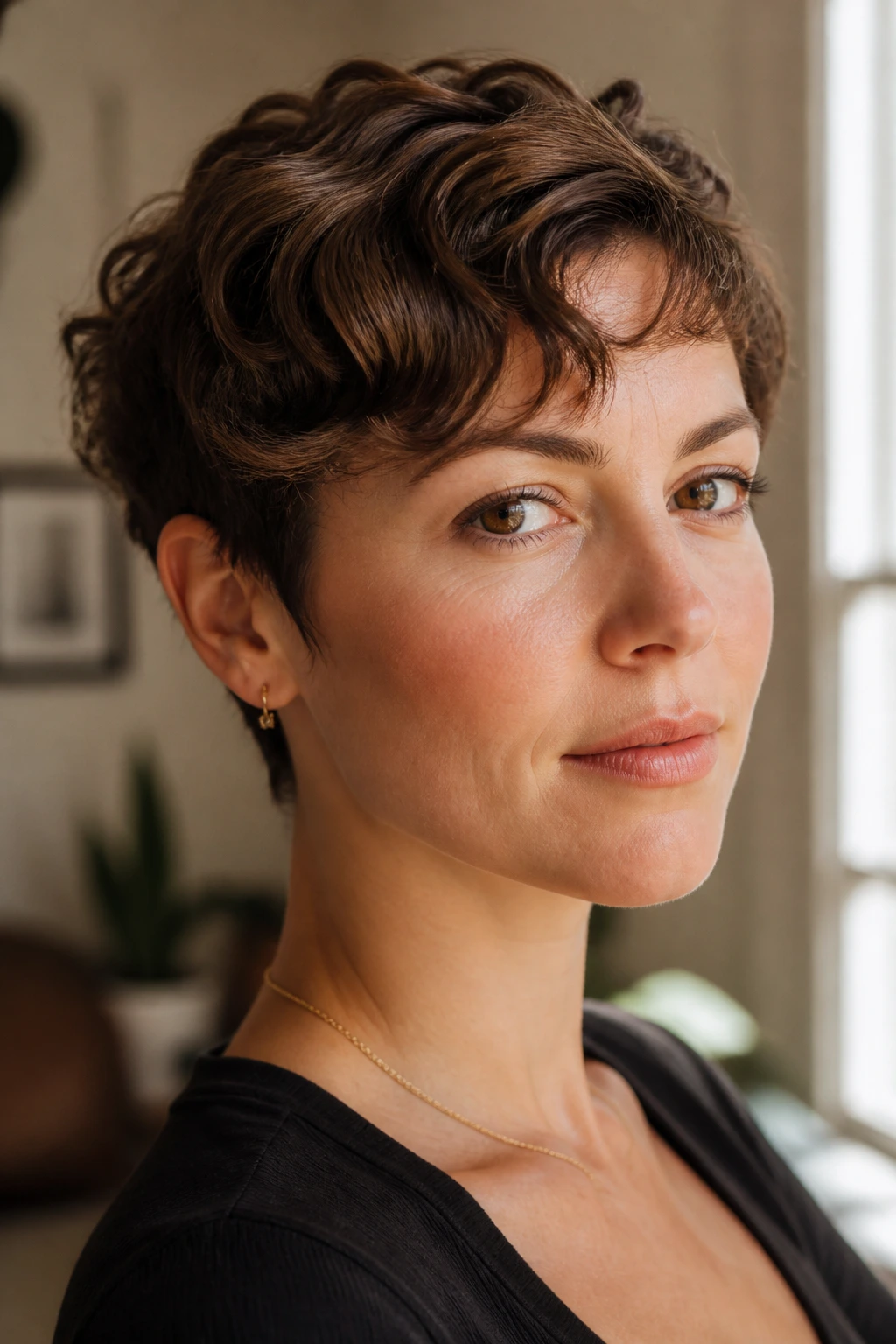 Portrait of a real woman with a wavy pixie cut showing bend in the wave