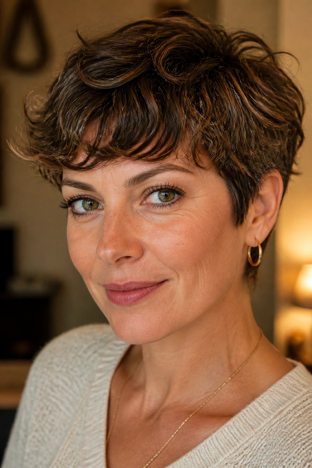 Portrait of a real woman with a styled wavy pixie
