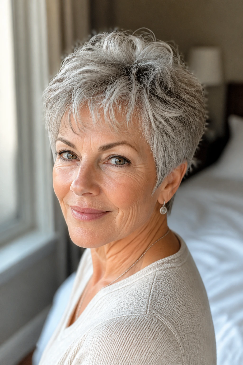 Close-up portrait of an older woman with a soft, wavy pixie showing natural texture and crown lift in warm window light