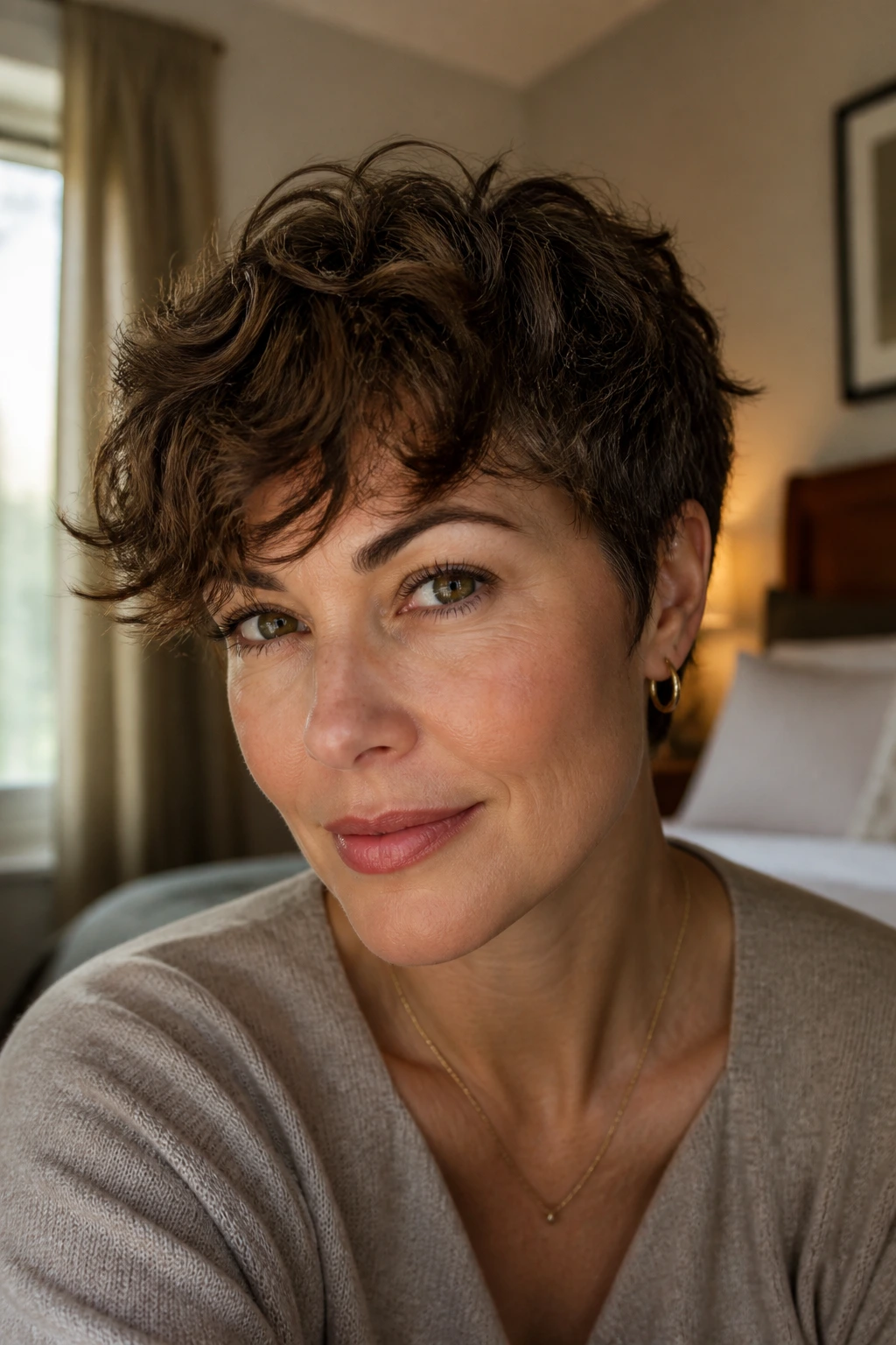 Close-up of a real woman with a wavy pixie cut showing fringe bend and crown lift in warm window light