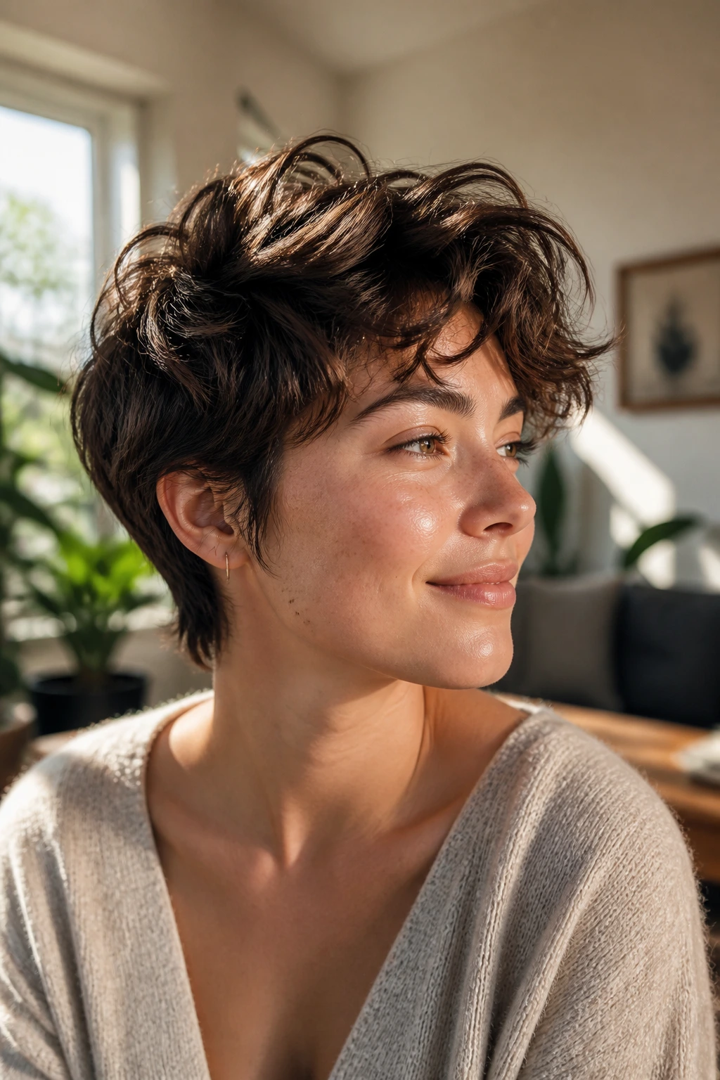 Close-up portrait of a real woman with a Wavy Tousled Pixie in natural window light