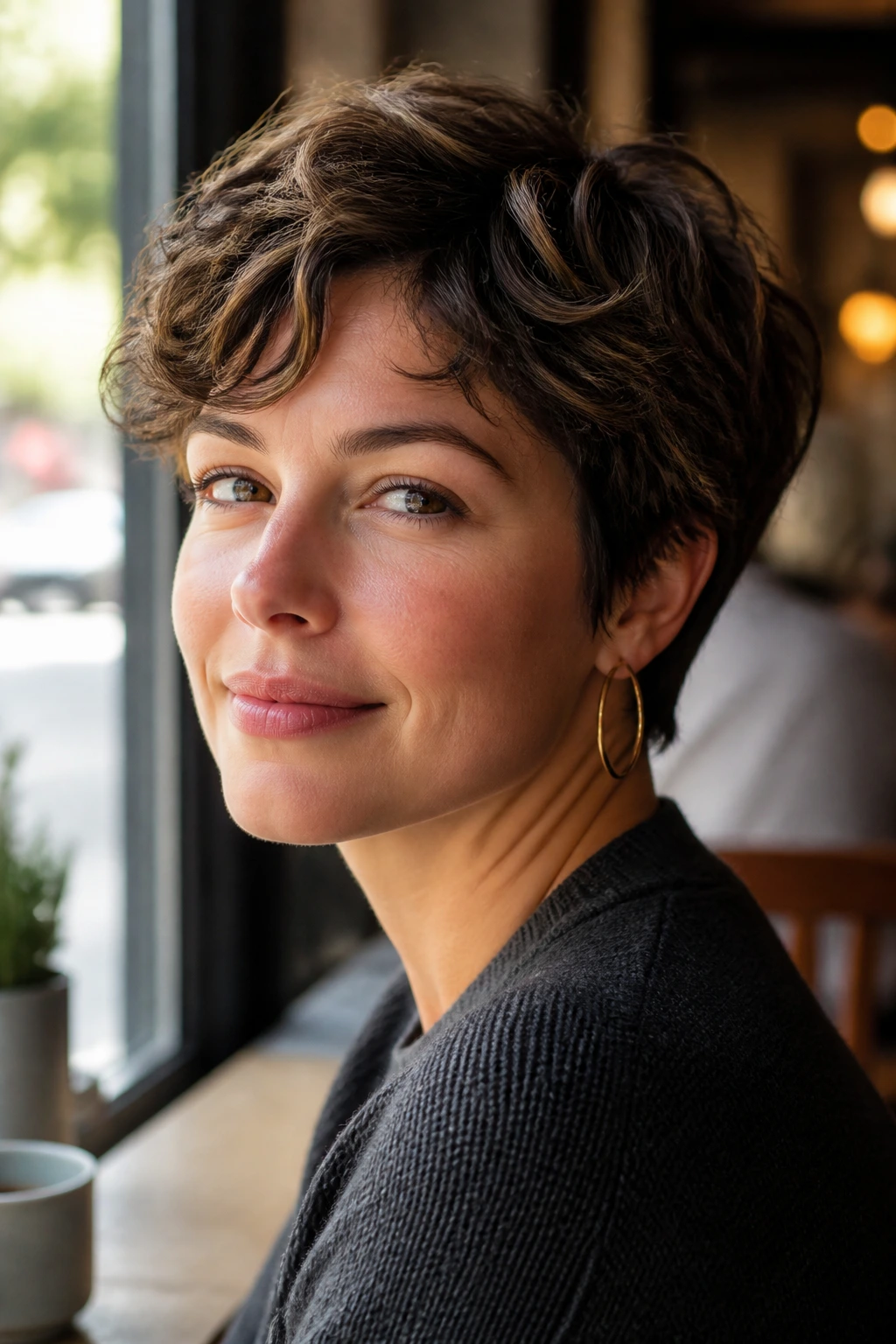 Close-up of a real woman with wavy tousled pixie showing soft waves and movement.