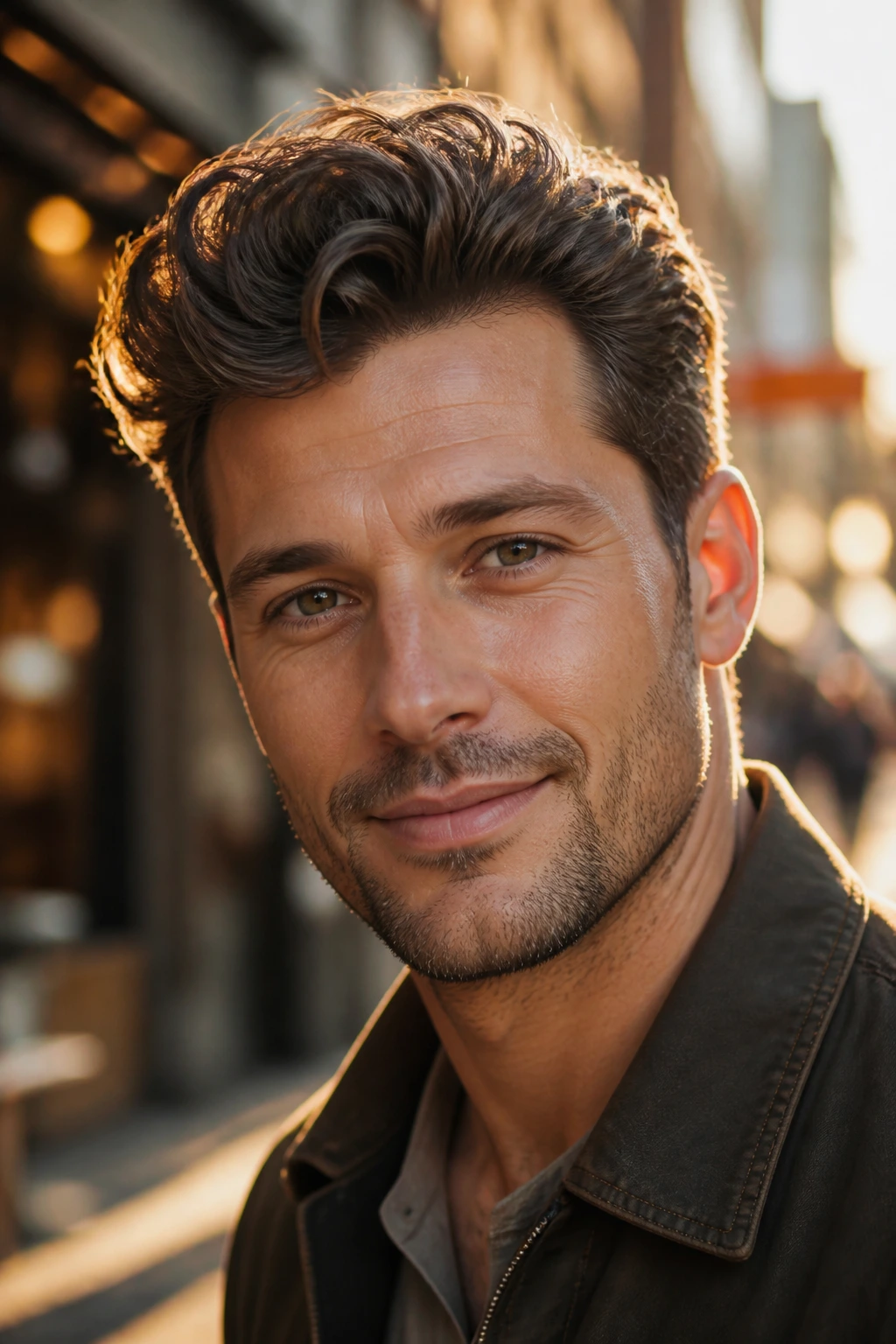 Portrait of a man with a wavy pompadour hairstyle in warm golden hour light