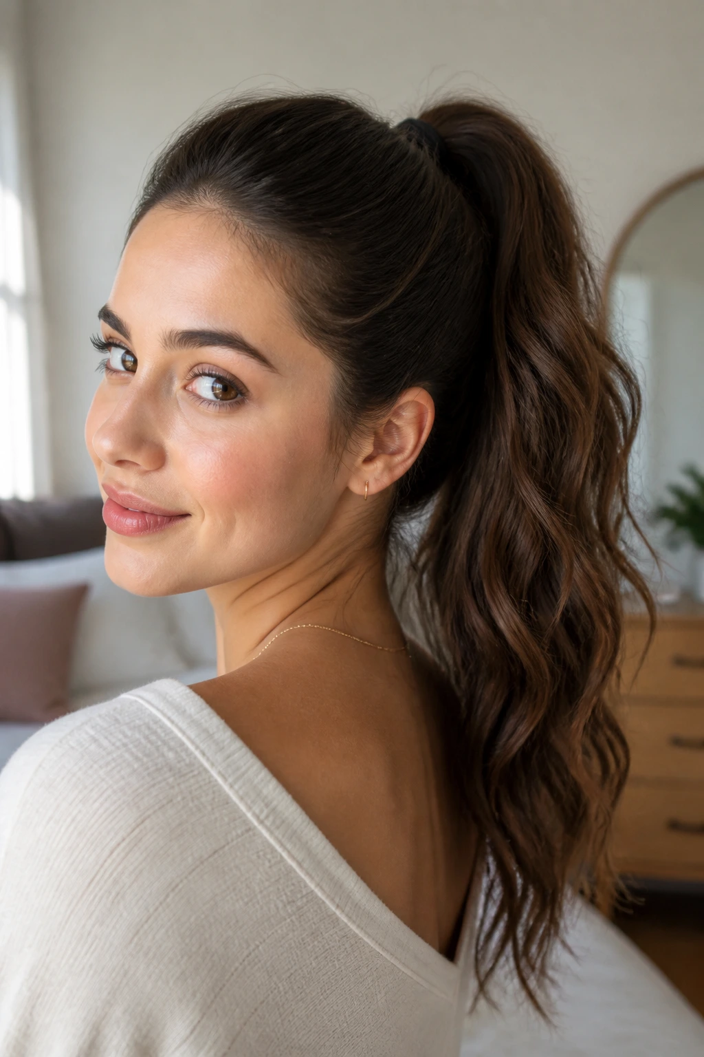 Close-up of a real woman with a wavy length high ponytail under natural window light