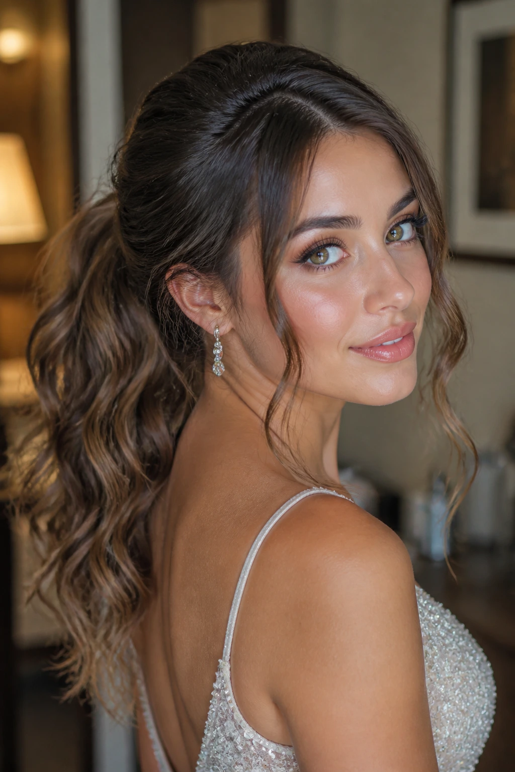 Close-up of real woman with wavy ponytail and face-framing tendrils