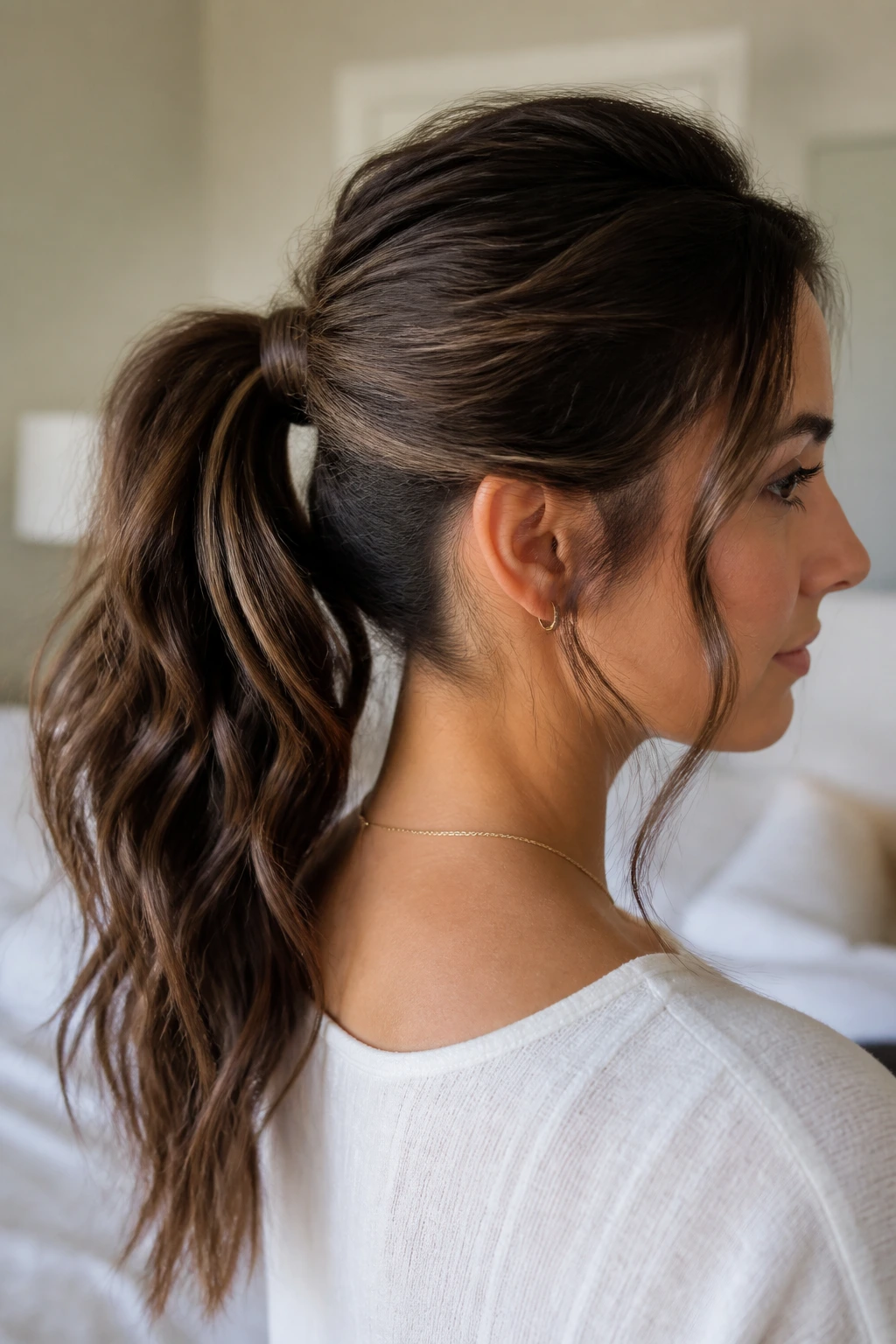 Close-up of a real person with a wavy ponytail wrapped base