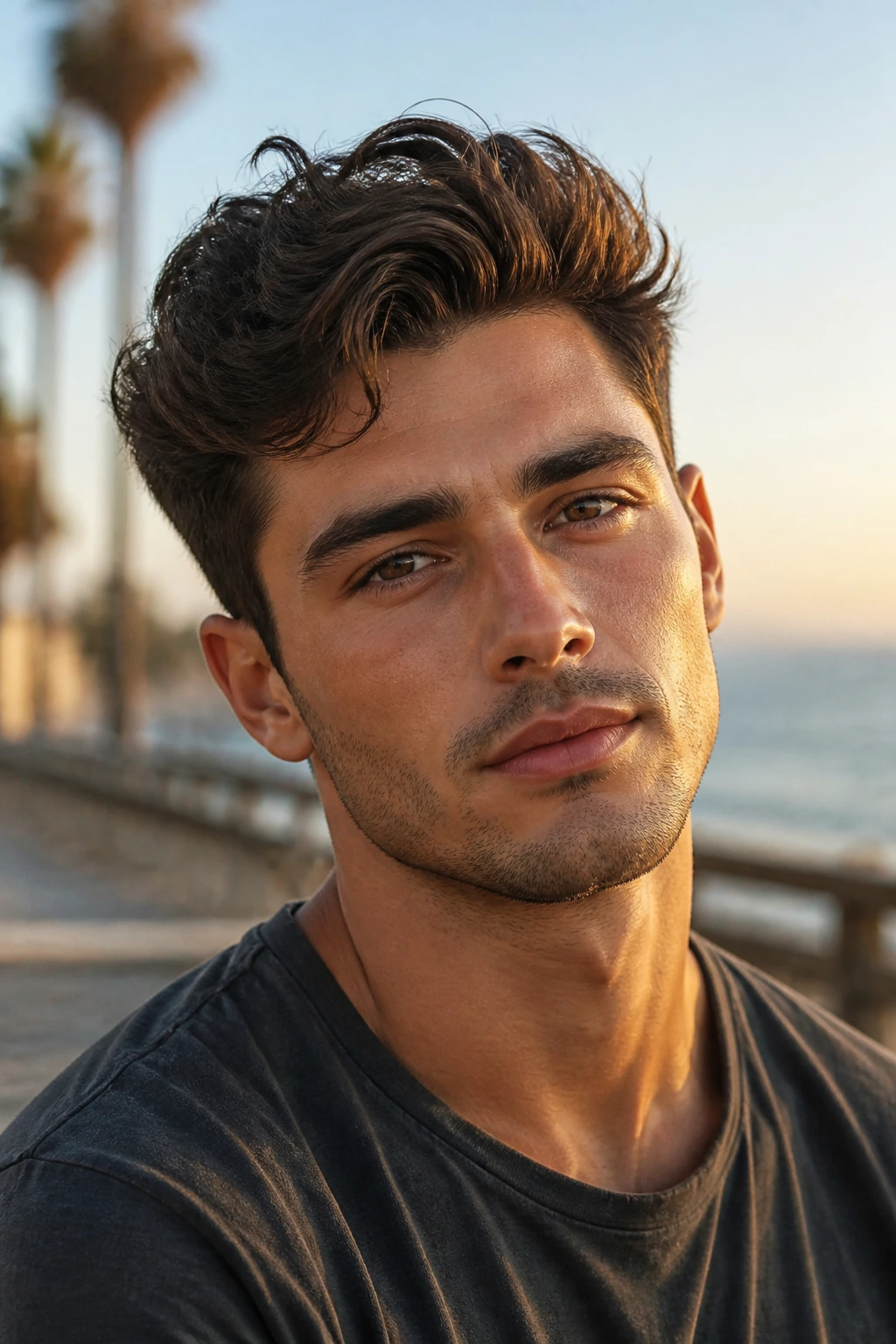 Close-up portrait of a man with a wavy quiff hairstyle by the seaside at golden hour