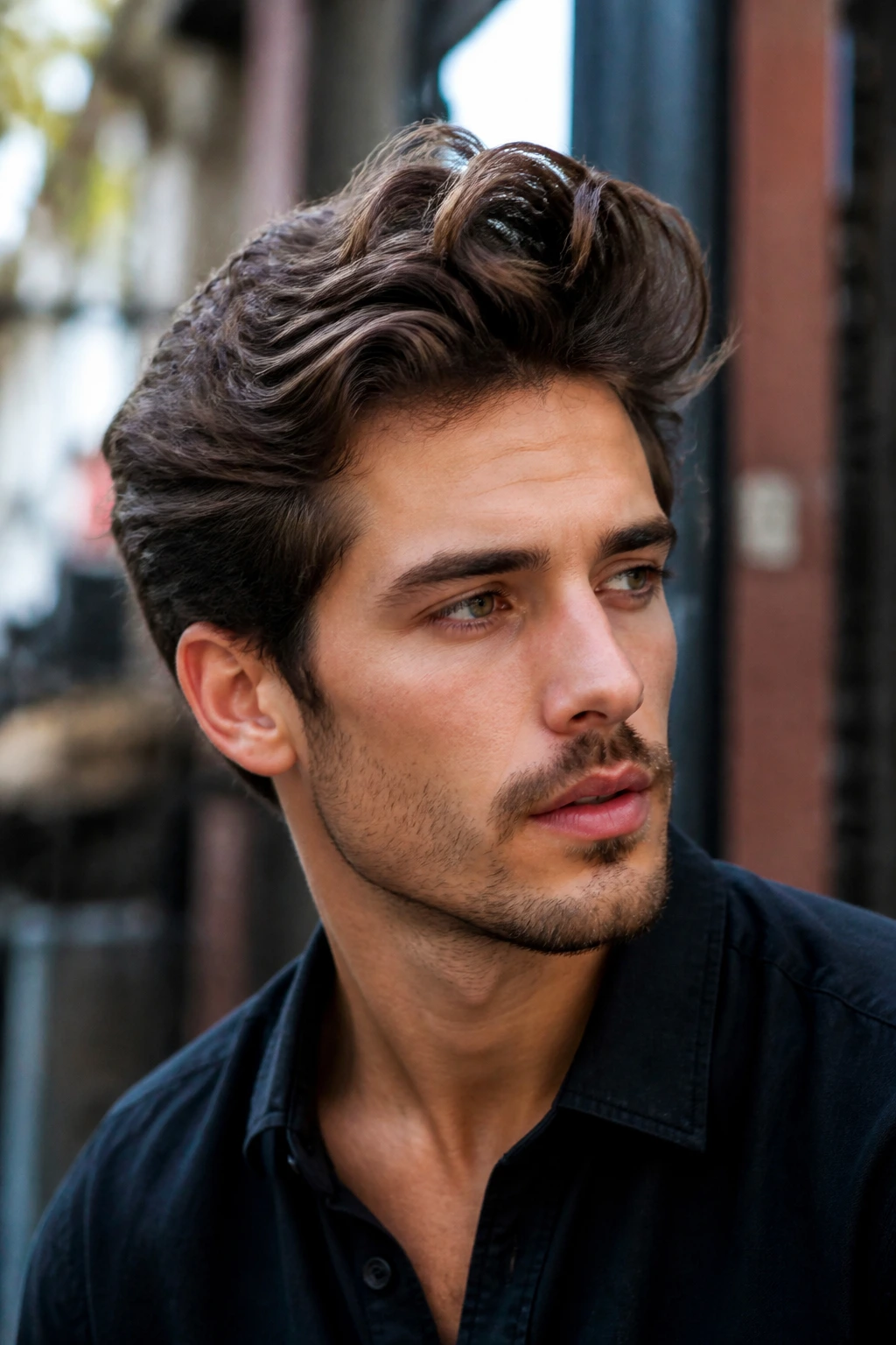 Man with a wavy quiff lifted at the front