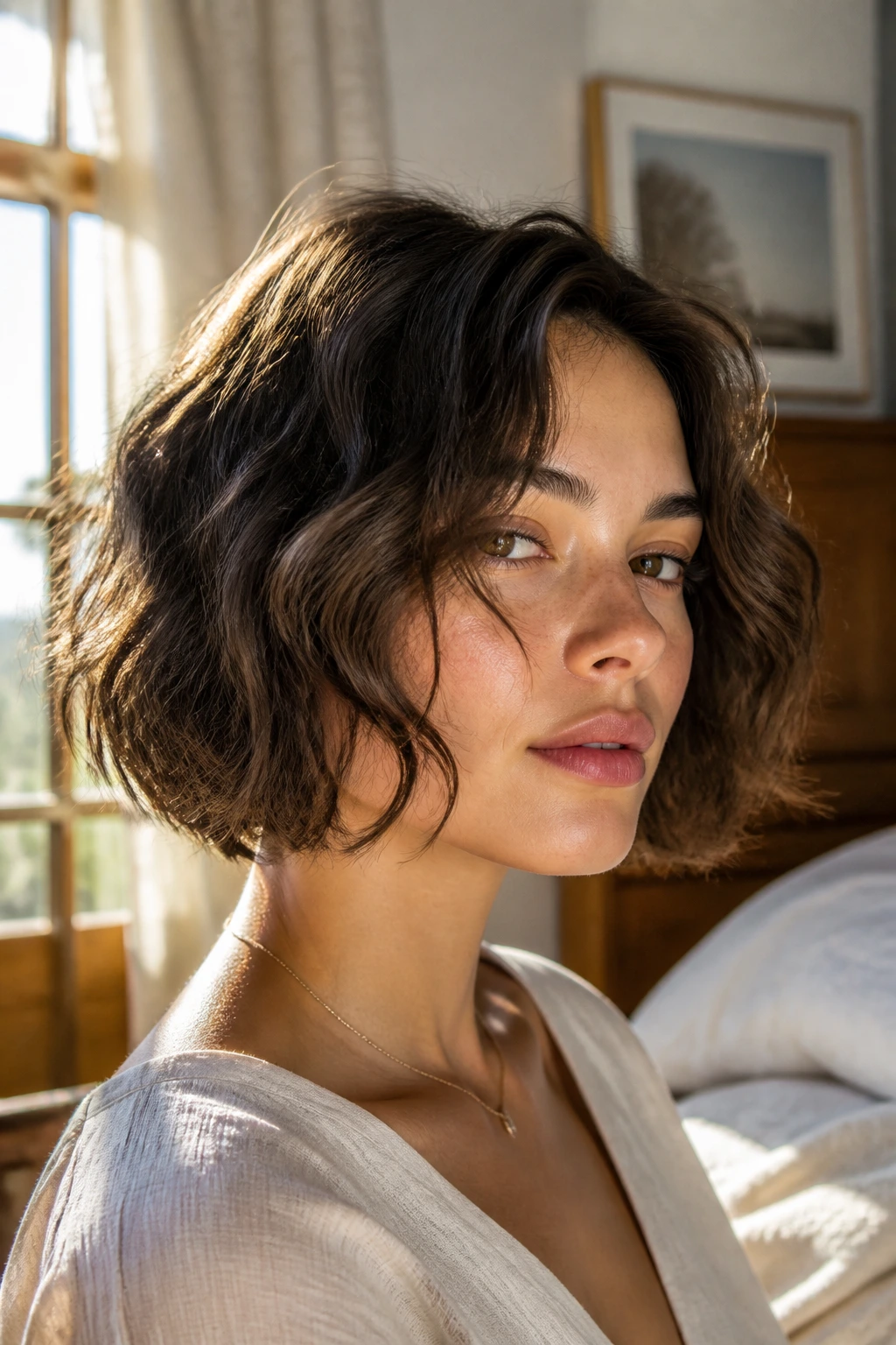 Close-up portrait of a real woman with a wavy razor bob in natural window light