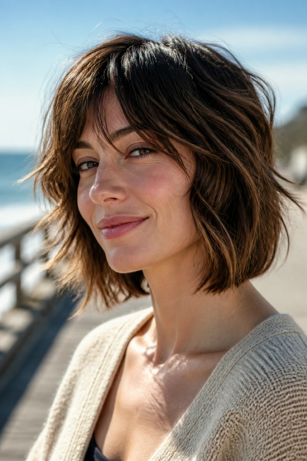 Close-up portrait of a real person with a wavy razor wolf bob hairstyle in outdoor daylight.