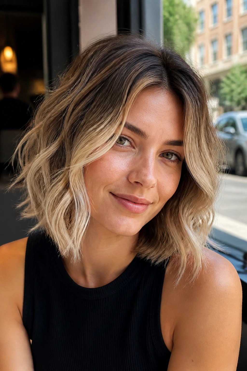 Portrait of a real woman with a wavy root-melt bob at a sunlit cafe