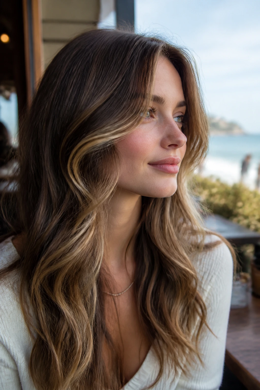 Close-up portrait of a real person with Wavy S-Curve Layers framing the face.